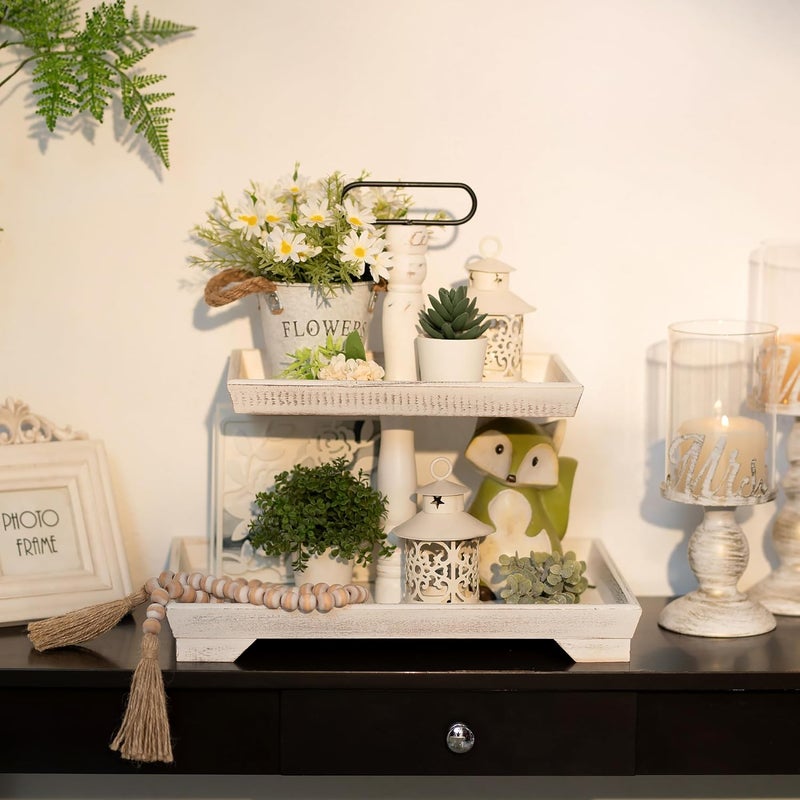Hanobe Tiered Tray for Table Decor: Mid-Century 2 Tier Decorative Tray Stand for Coffee Bar - Large Farmhouse White Centerpiece Display Stands for Holiday - Wood for Kitchen Counter Decorations - Image 3